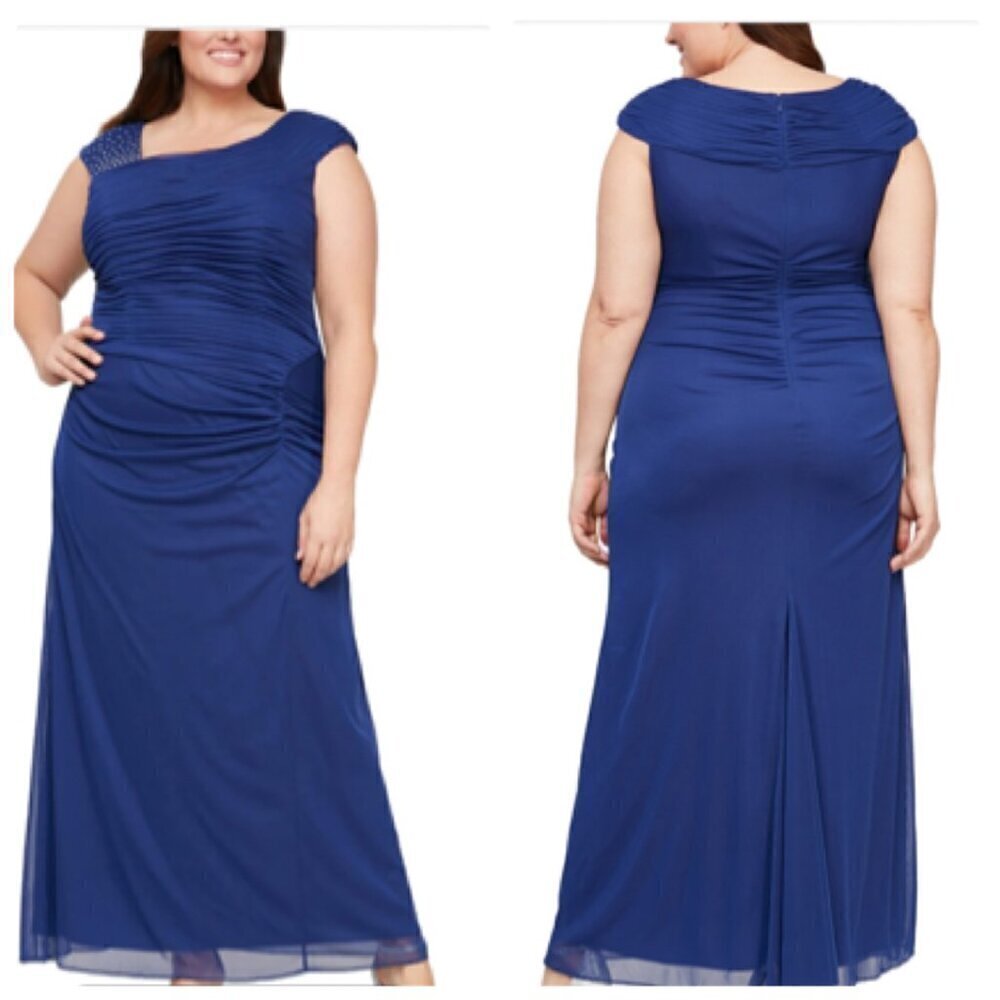 Alex Evenings Plus Size Ruched Rhinestone-Detail Gown 18W Electric Blue